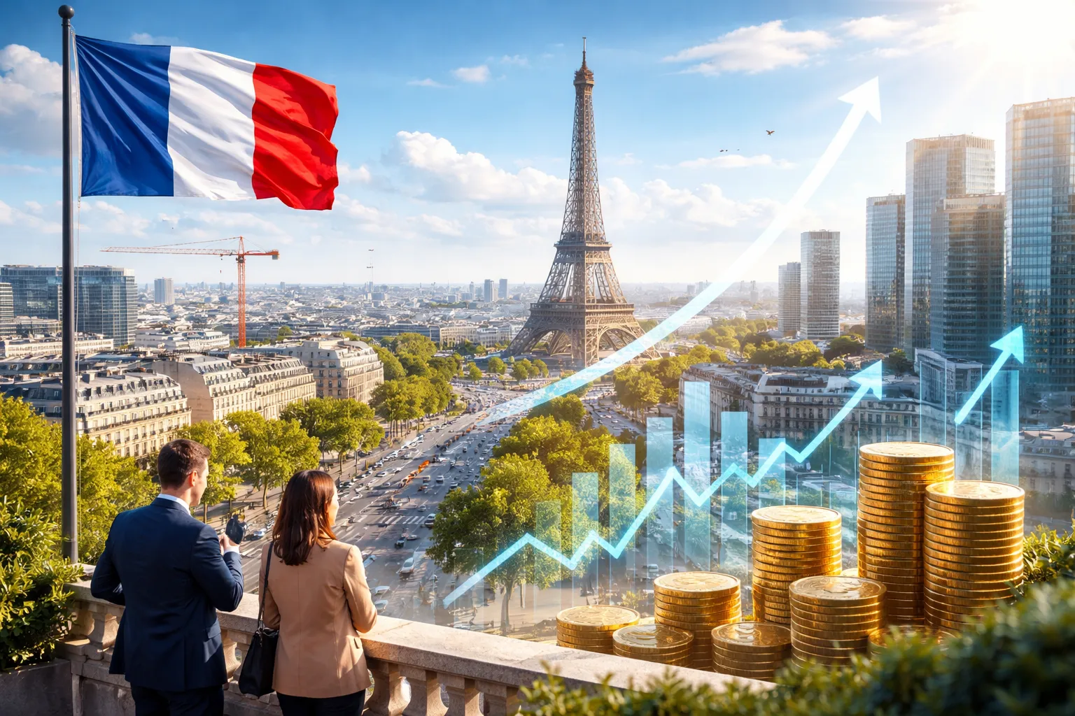 Three professional cleaners in green and red overalls working in a modern kitchen, mopping the floor, and cleaning high walls and windows.