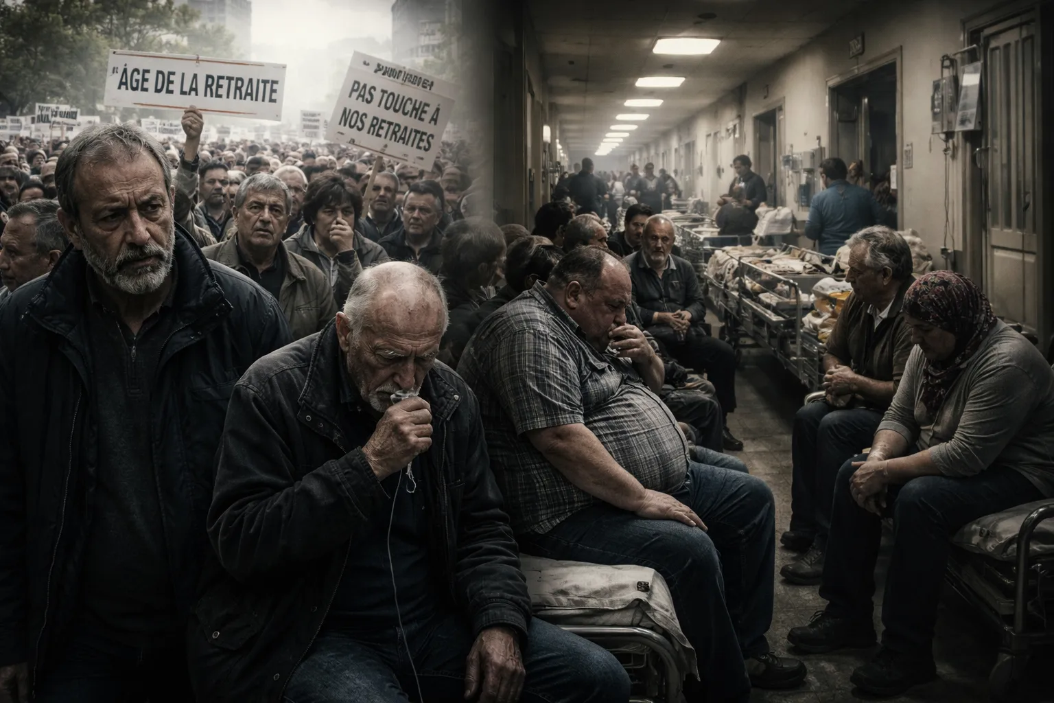 Three professional cleaners in green and red overalls working in a modern kitchen, mopping the floor, and cleaning high walls and windows.