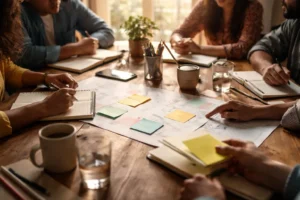 Three professional cleaners in bright green overalls standing confidently with cleaning equipment in modern home interior with gray walls
